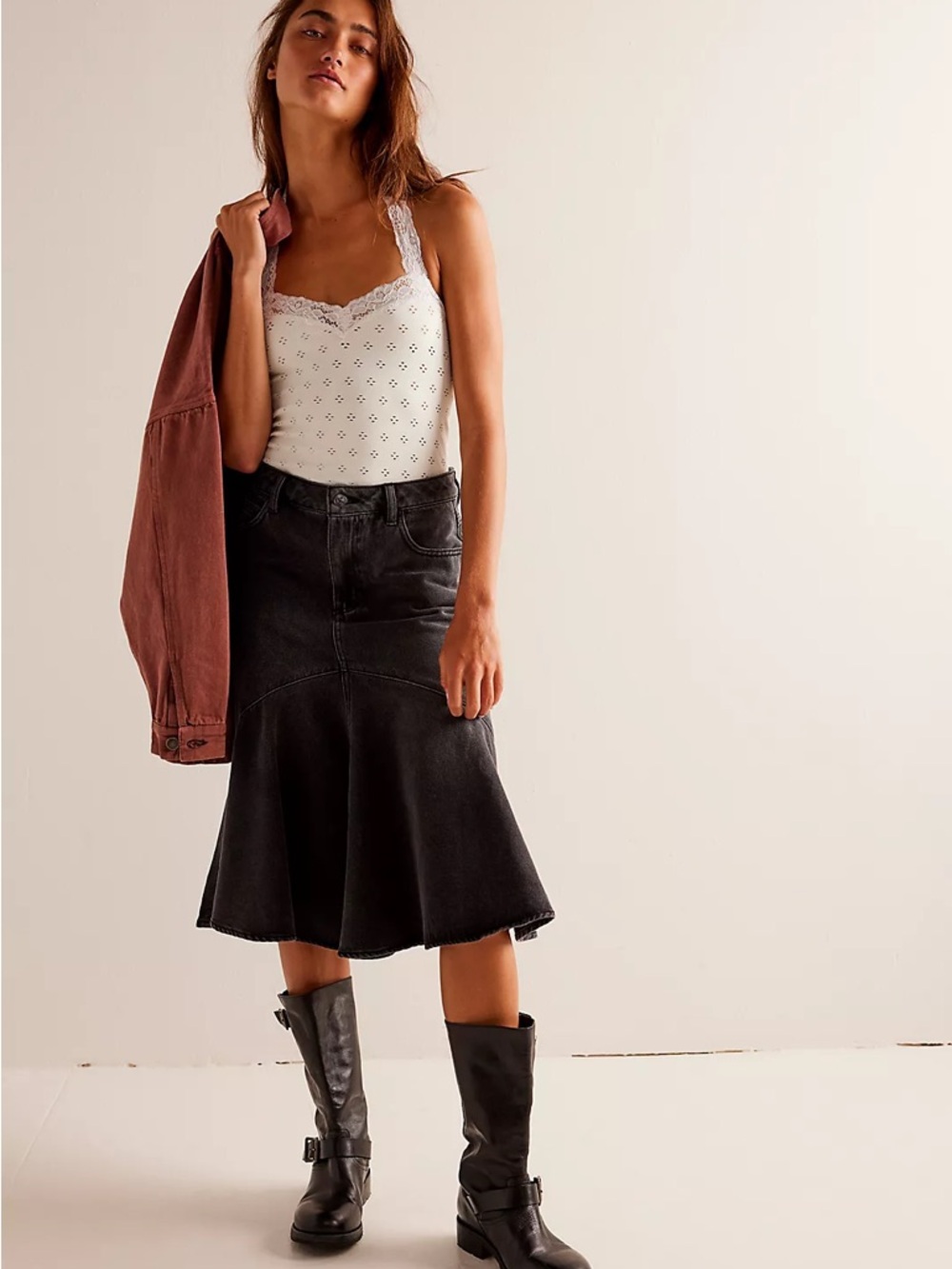 We The Free by Free People Women's Fishtail Denim Black Jean Skirt Sz 29